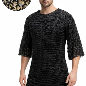 Chainmail Shirt, Blackened Mild Steel Flat Ring Armor, Half Sleeves