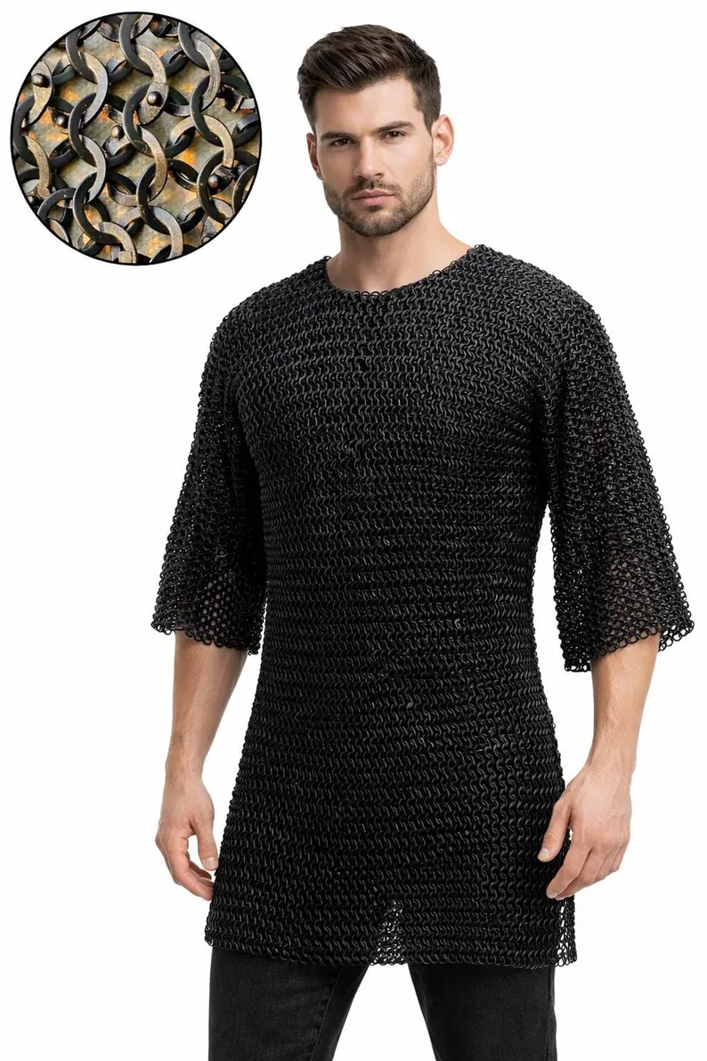Chainmail Shirt, Blackened Mild Steel Flat Ring Armor, Half Sleeves