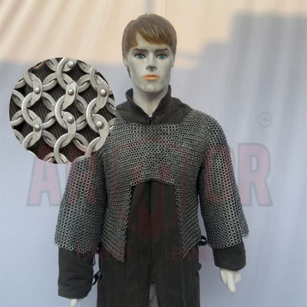 Chainmail Half Body Haubergon Short Shirt Mild Steel Flat Ring Dome Riveted with Solid ALT 9mm 17 Gauge Larp/ Reenactment