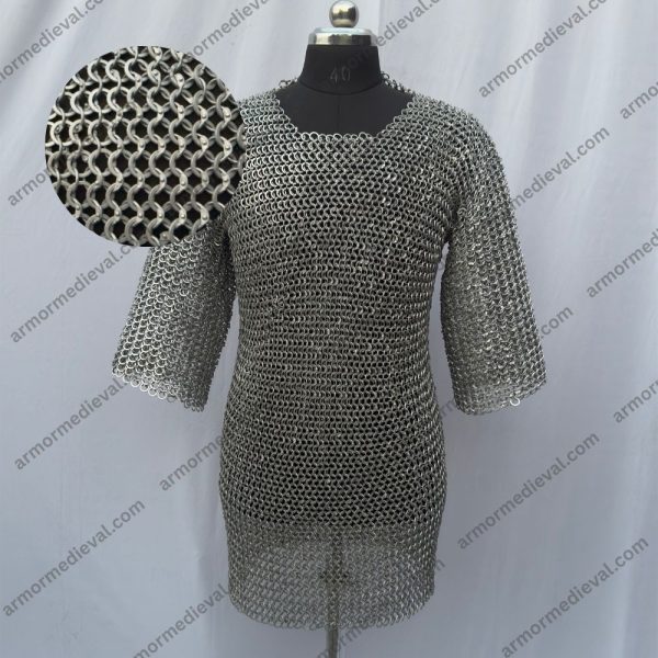 Medieval Chainmail Aluminum Haubergeon Shirt Round Ring Dome Riveted Half Sleeve with Solid ALT Natural id10mm 16 gauge