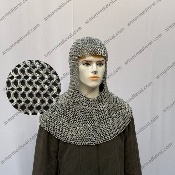 Medieval Chainmail Coif/Hood Aluminium Round Rings Dome Riveted With Solid Alternat ID 10 mm 16 Gauge