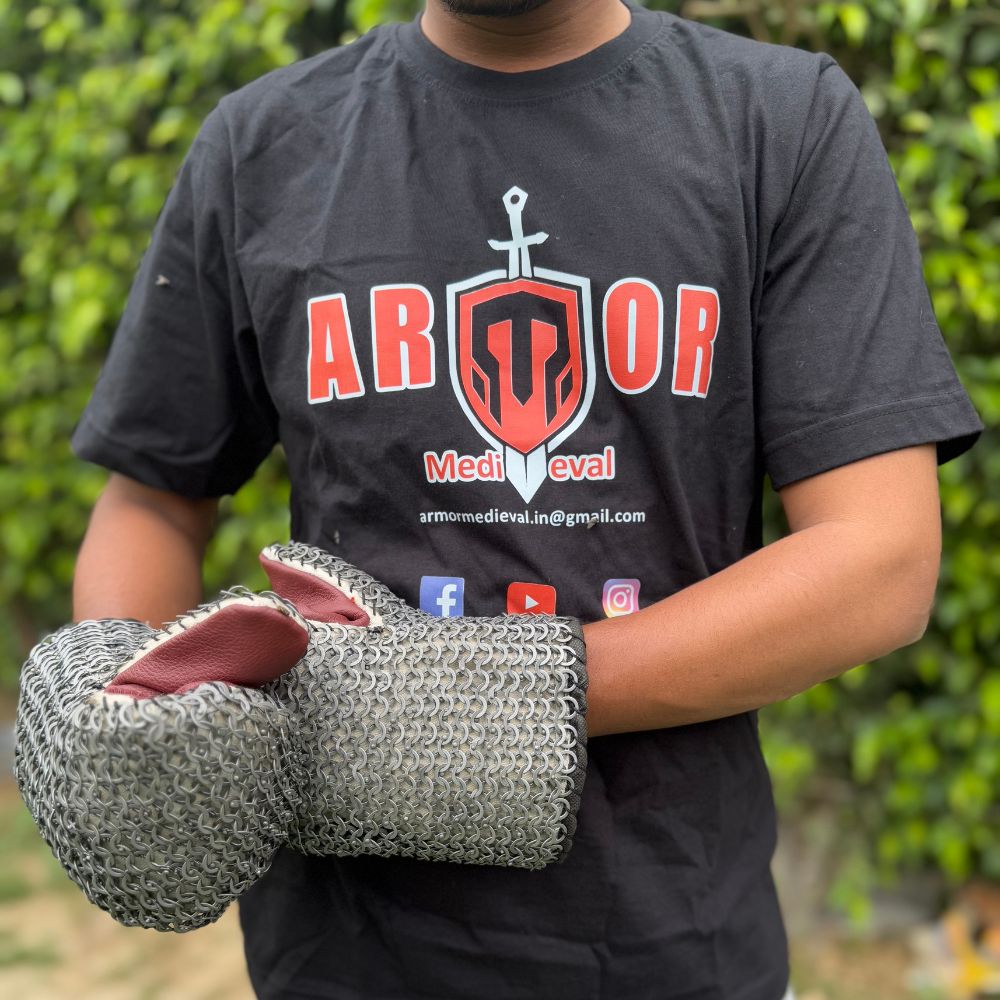 Chainmail Gloves Mild Steel Flat Rings, Viking Padded, Medieval Leather Gloves, Oiled Finish Reenactment, 9mm