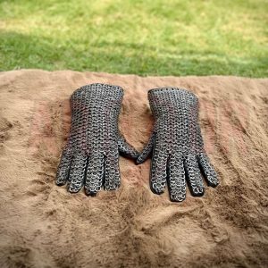 Chainmail Mild Steel Gloves, 7 mm Flat Rings Alternat, Medieval Black Leather Gloves, Viking Padded,