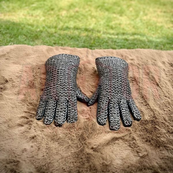 Chainmail Mild Steel Gloves, 7 mm Flat Rings Alternat, Medieval Black Leather Gloves, Viking Padded,