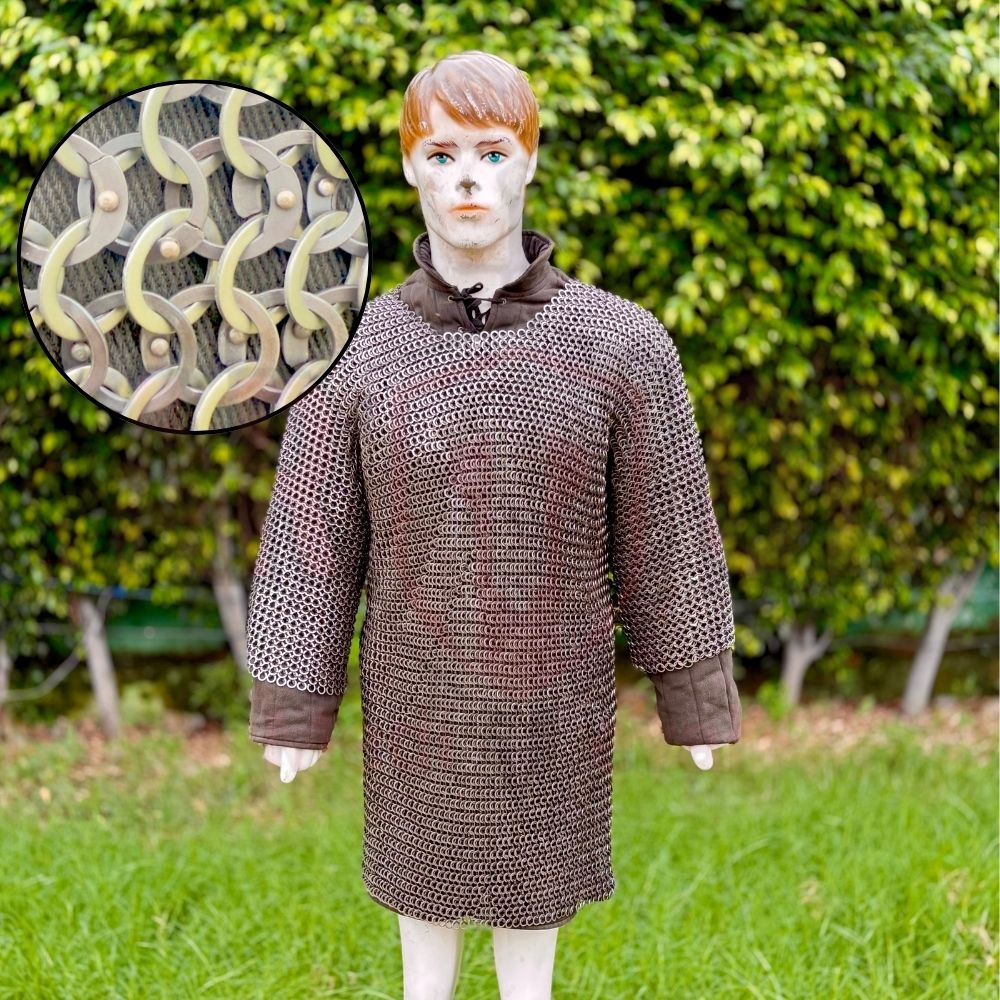 Stainless Steel Chainmail Haubergeon Shirt – 9mm 18 Gauge Flat Rings, Dome Riveted with Washer.