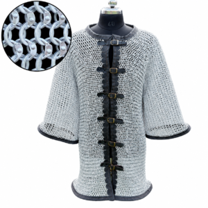 Aluminum Chainmail Hauberk Shirt, Medieval – 10mm Dome Riveted Rings, Anodized Finish with Leather Edging