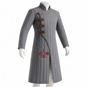 Medieval Gambeson Coat | Long Cotton Padded Jacket Reenactment Clothing | Leather Strap Closure
