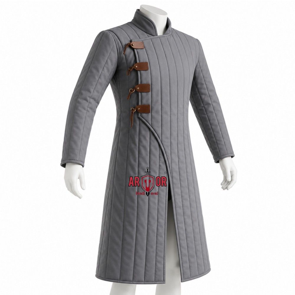 Medieval Gambeson Coat | Long Cotton Padded Jacket Reenactment Clothing | Leather Strap Closure