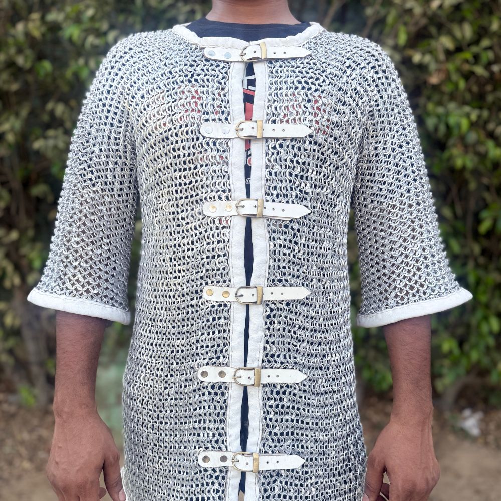 Chainmail shirt, half sleeve shirt Aluminum | 10 mm Round Ring Solid Rings, Leather Buckle