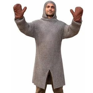 Medieval Chainmail Shirt with Hood, 8mm Mild Steel Armor, Brown Leather Gloves