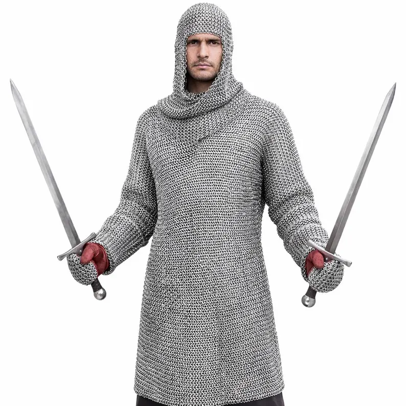 Medieval Chainmail Hauberk: 9mm Mild Steel Riveted Armor shirt, with Coif & Gloves, cosply shirt,