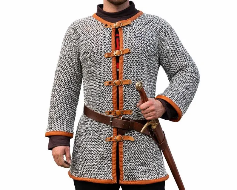 Chainmail Hauberk Shirt, Aluminum 10mm Round Rings Anodized with Leather Trim | Reenactment & Cosplay