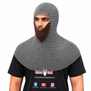Chainmail Coif with Face Mask | Flat Ring, 9mm Oiled, Medieval Armor | LARP SCA Reenactment,