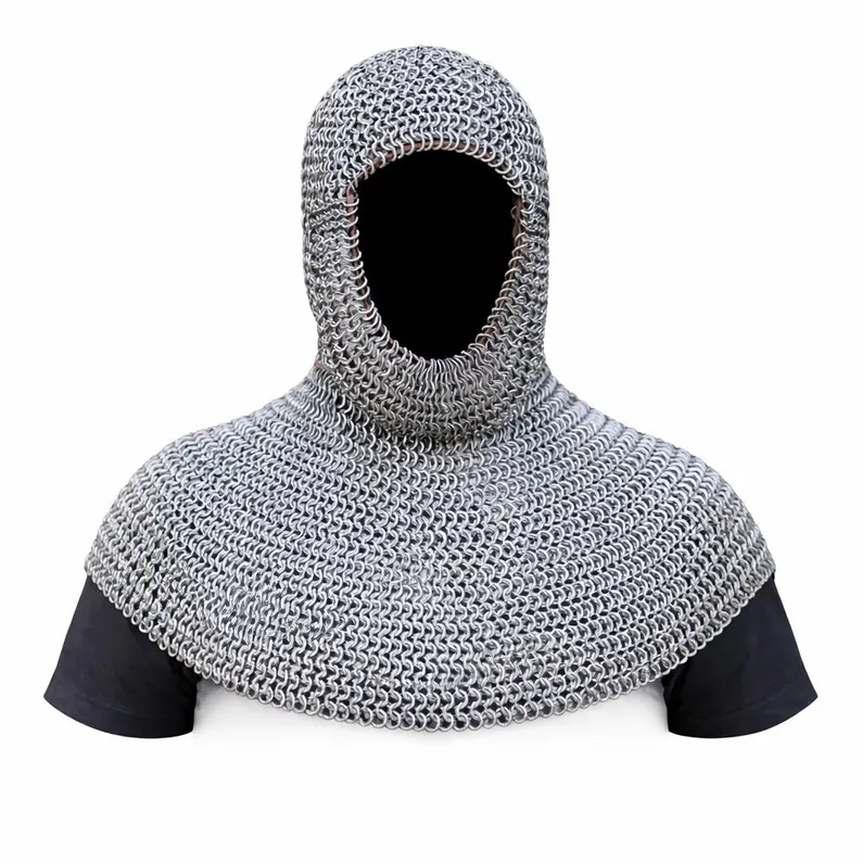 Handmade Mild Steel Chainmail Coif, 9mm Flat Ring, Medieval Knight Armor