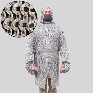 Medieval Chainmail Shirt with Hood, Mild Steel Armor, Brown Leather Gloves