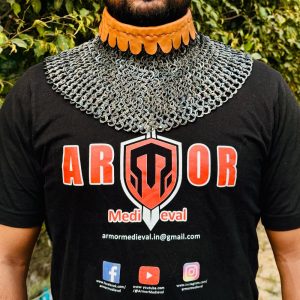 Chainmail Collar Titanium – 9mm Flat Ring Neck Armor with Leather Trim | Medieval LARP & Costume