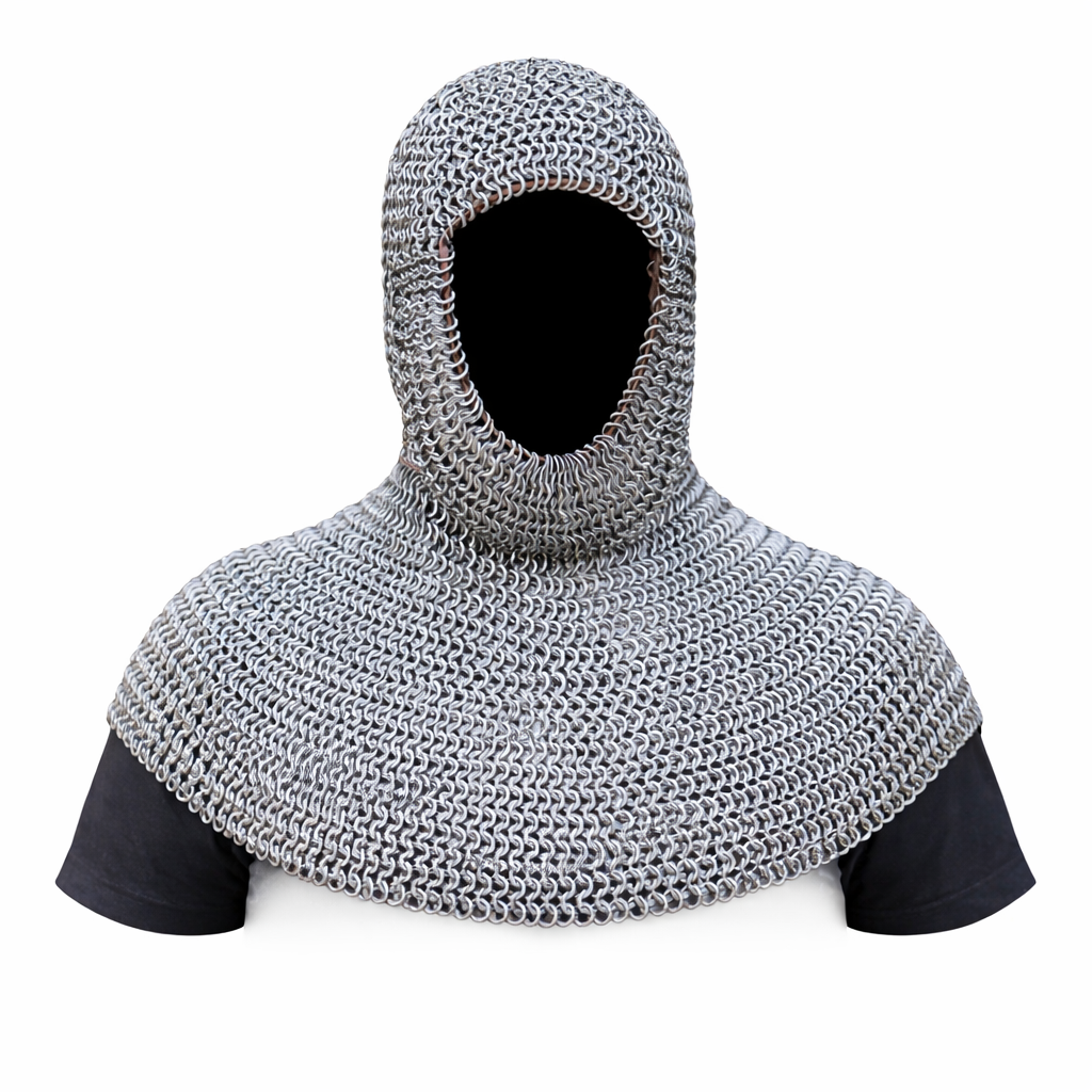 May include: A silver chainmail coif, a type of medieval head covering, is displayed against a white background. The coif covers the head and shoulders, with a hood and a circular neckline. The chainmail is made of small, interlocking metal rings.