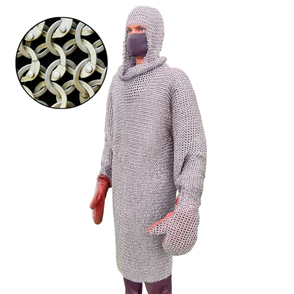 Medieval Chainmail Hauberk: 9mm Mild Steel Riveted Armor shirt, with Coif & Gloves, cosply shirt,