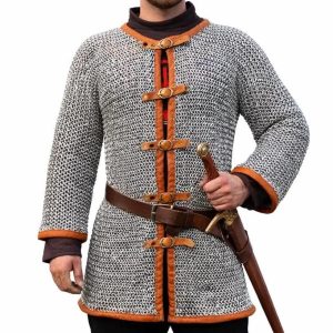 Chainmail Hauberk Shirt, Aluminum 10mm Round Rings Anodized with Leather Trim | Reenactment & Cosplay