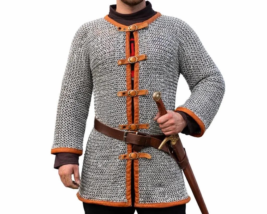 Chainmail Hauberk Shirt, Aluminum 10mm Round Rings Anodized with Leather Trim | Reenactment & Cosplay