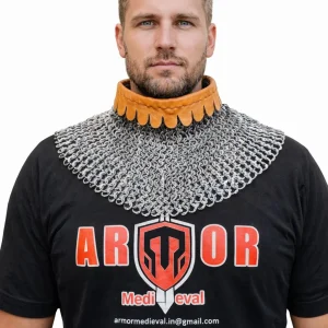 Chainmail Collar Titanium – 9mm Flat Ring Neck Armor with Leather Trim | Medieval LARP & Costume