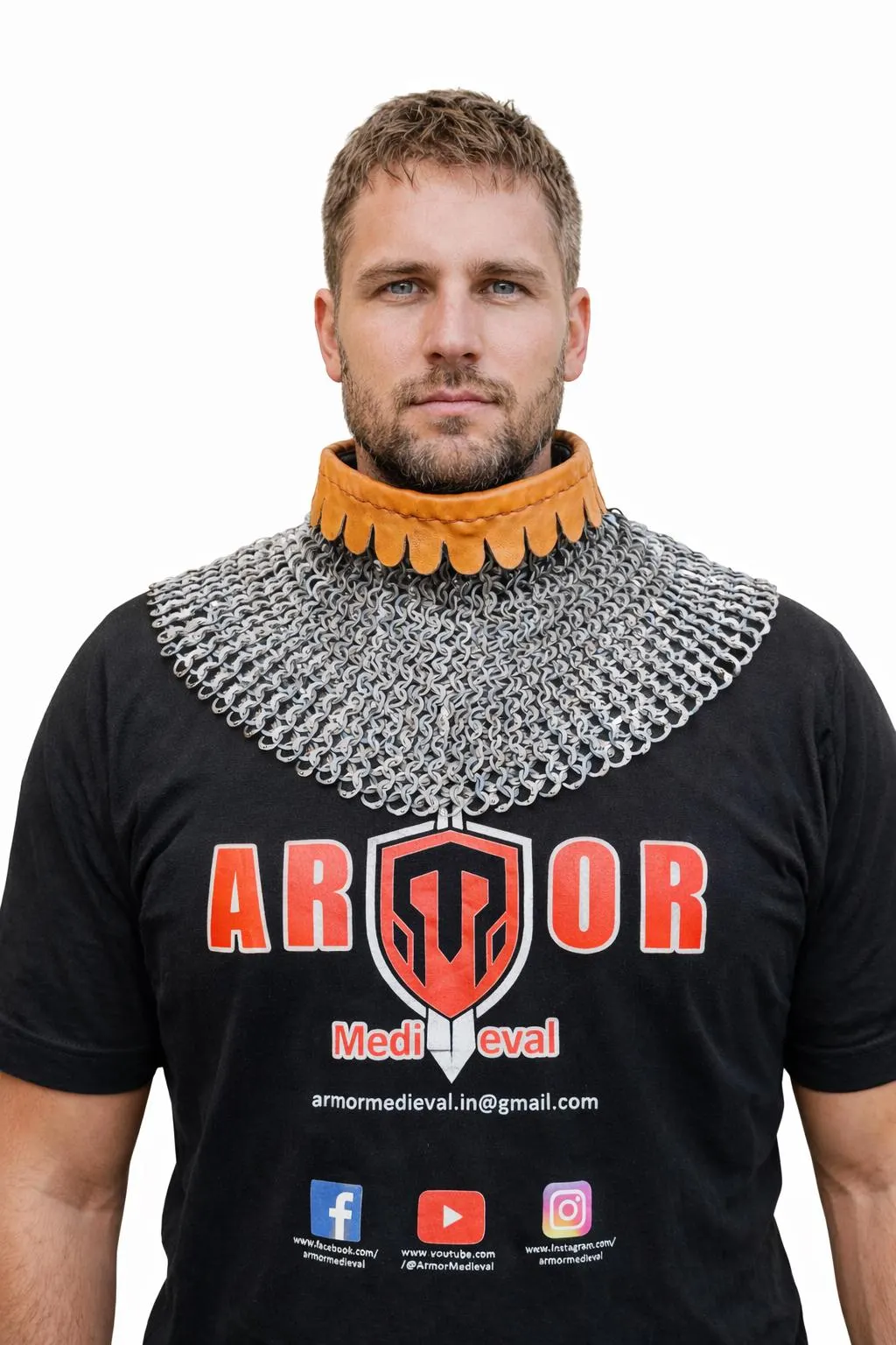Chainmail Collar Titanium – 9mm Flat Ring Neck Armor with Leather Trim | Medieval LARP & Costume