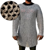 May include: A long-sleeved chainmail shirt constructed from interlocking silver-colored metal rings. The garment features a round neckline and a consistent pattern of riveted circular links, providing a metallic texture across the entire surface.