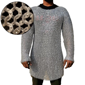 May include: A long-sleeved chainmail shirt constructed from interlocking silver-colored metal rings. The garment features a round neckline and a consistent pattern of riveted circular links, providing a metallic texture across the entire surface.