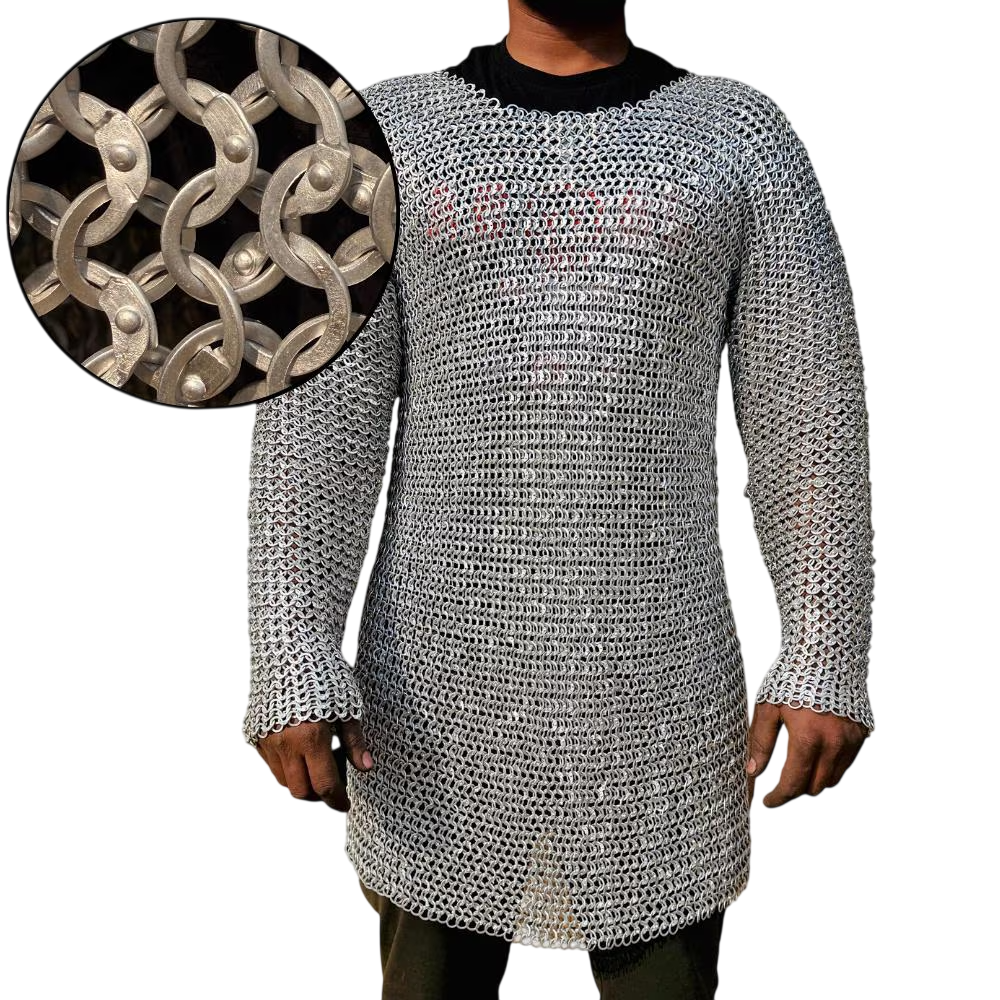 May include: A long-sleeved chainmail shirt constructed from interlocking silver-colored metal rings. The garment features a round neckline and a consistent pattern of riveted circular links, providing a metallic texture across the entire surface.