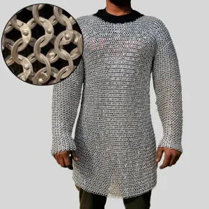 Medieval Aluminum Chainmail Hauberk Shirt | Flat Ring Dome Riveted Mail | Knight LARP Armor,