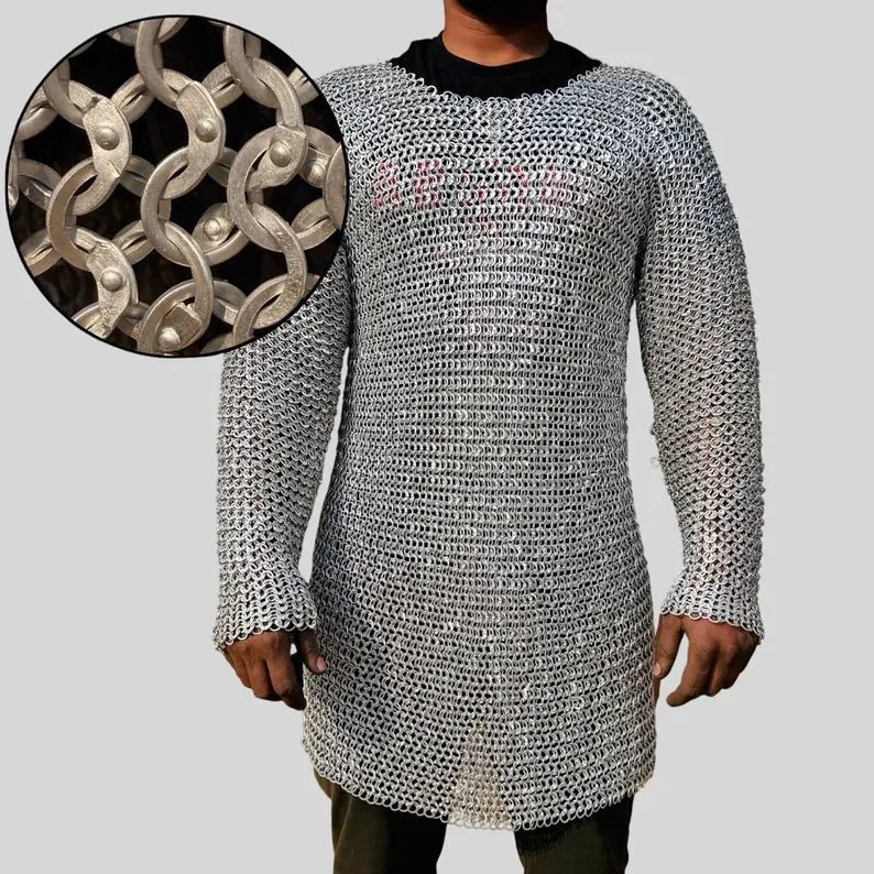Medieval Aluminum Chainmail Hauberk Shirt | Flat Ring Dome Riveted Mail | Knight LARP Armor,