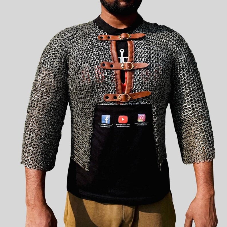 Medieval Chainmail Shirt Half Sleeve | 9mm Mild Steel Flat Ring Armor with Leather Straps