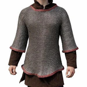 Chainmail Haubergeon, 17-Gauge Mild Steel Flat Ring Armor With Leather Trim