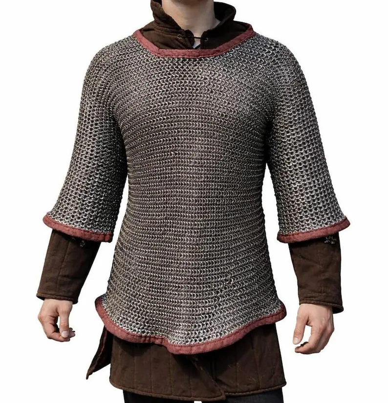 Chainmail Haubergeon, 17-Gauge Mild Steel Flat Ring Armor With Leather Trim