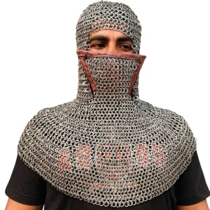 Chainmail Coif with Mask Mild Steel – 9mm Flat Ring Riveted with Washer | Medieval Hood,