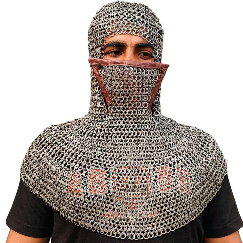 Chainmail Coif with Mask Mild Steel – 9mm Flat Ring Riveted with Washer | Medieval Hood,